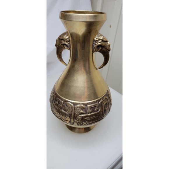 Brass Vase with Tiger Head & Tooth Handles - Korea - Approx. 11” Vintage - Picture 3 of 5